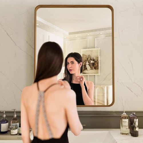 LOAAO Bathroom Mirror - 20x30 Inch Rounded Rectangle with Wood Grain Metal Frame | Anti-Rust, Versatile Hanging Options
