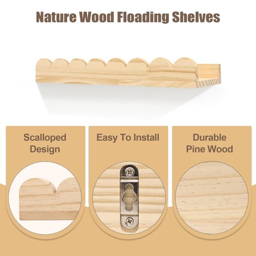 icnjdMopclean Nursery Book Shelves, Floating Shelves for Bedroom Kids, Scalloped Shelves for Wall 2 Pack, Nursery Decor, 16 Inch, Natural