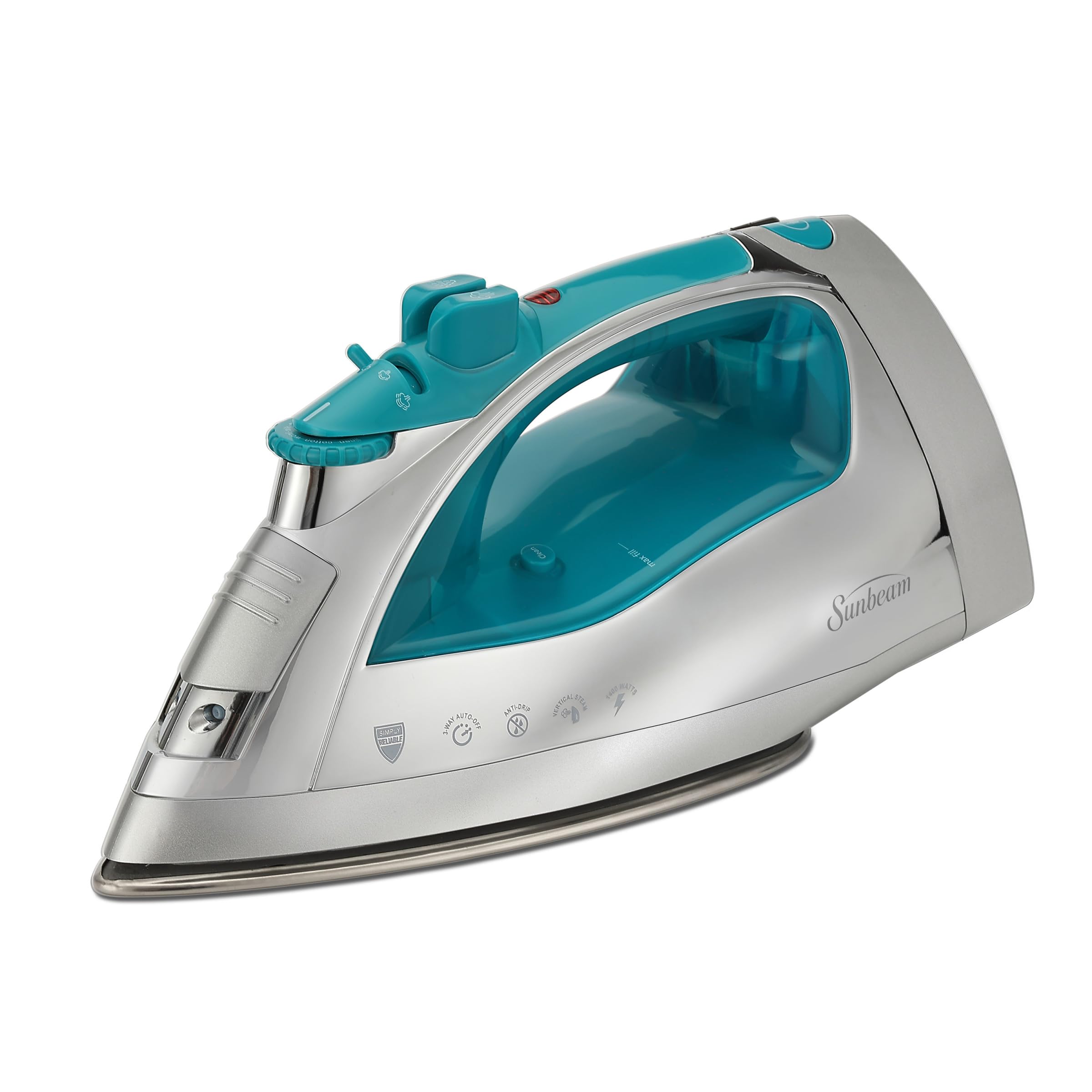 Sunbeam Turbo Steam Iron 1400W Quick Heat Stainless Steel Soleplate Shot of Steam Horizontal and Vertical 3 Way Auto Off 240ml Water Tank White Teal