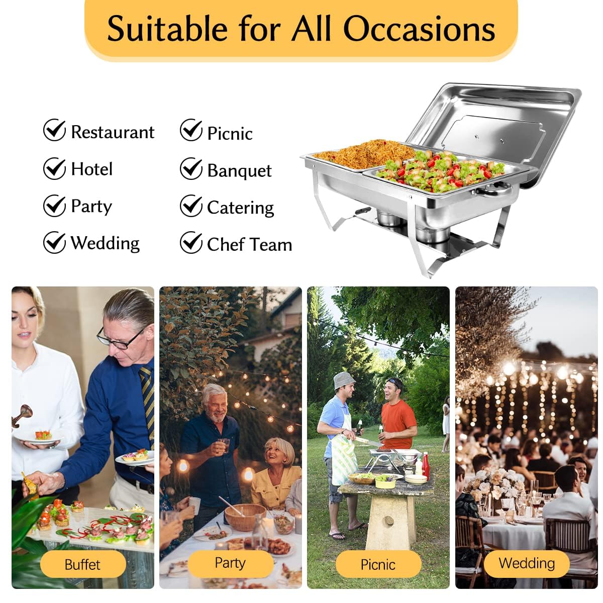 Snowtaros 2 Pack 8QT Chafing Dish Buffet Set, Stainless Steel Food Warmer Set, Rectangular Buffet Server with Tongs & Spoons for Parties, Catering, Banquets, Events (Half Size)