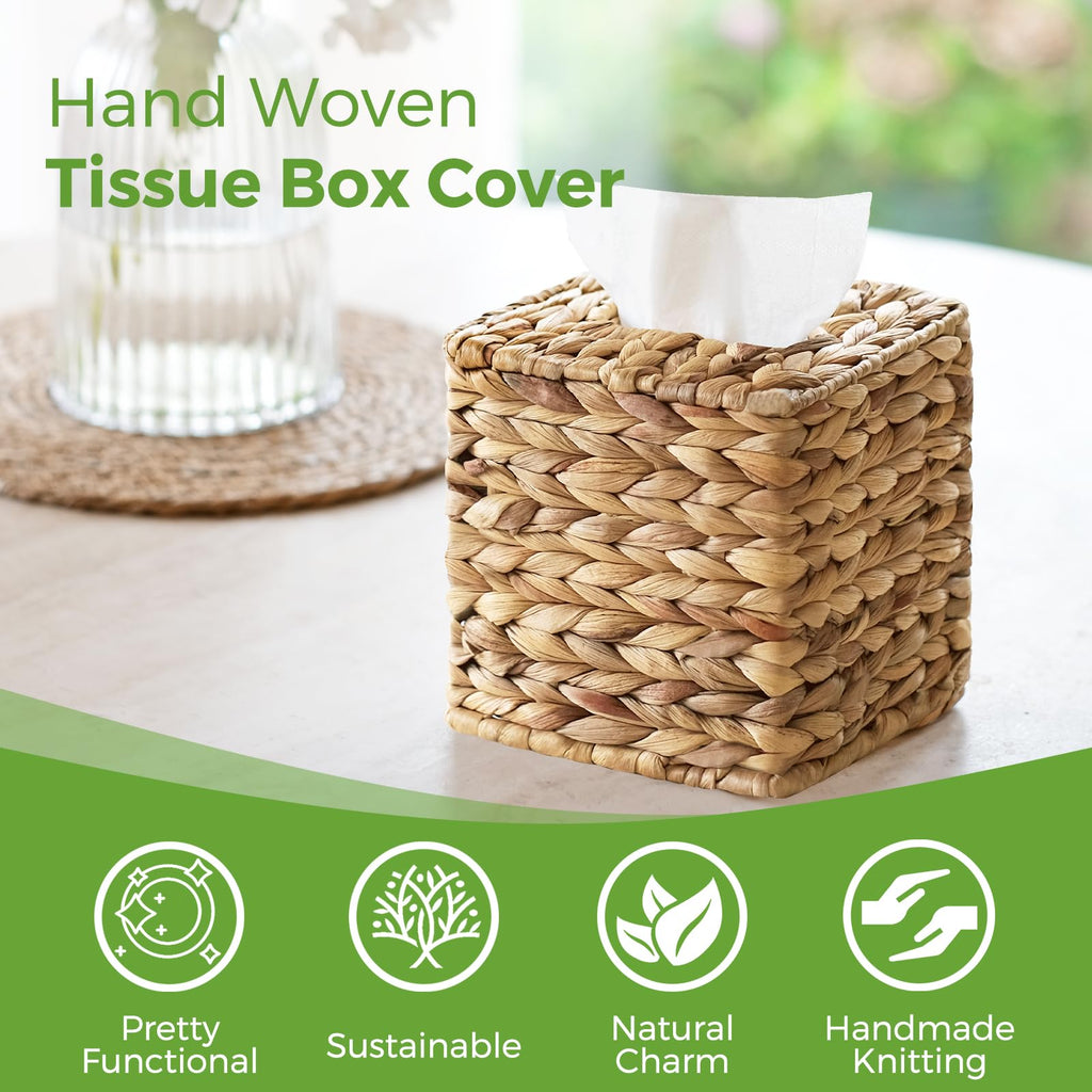 2 Pack Rattan Tissue Box Cover Square, Wicker Tissue Box Holder Facial Tissues Boxes, Hand Woven Square Tissue Box Cover Tissue Holder for Bathroom, Natural