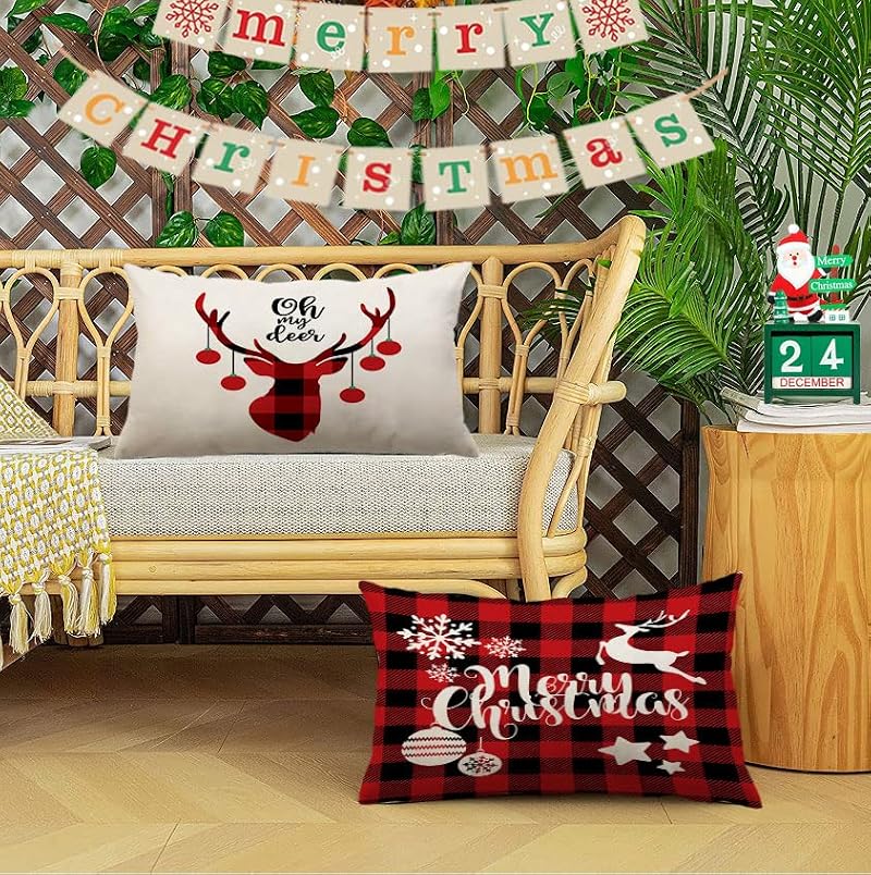 Neatee Living Christmas Pillow Covers, 12x20 Inch Set of 4, Cotton Linen