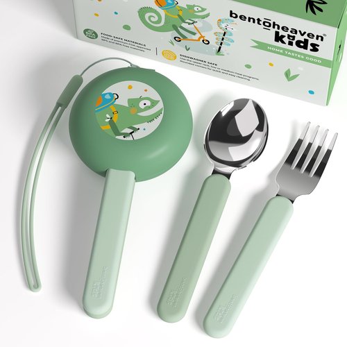 Bentoheaven Kids Travel Utensils Set - Food-Grade Stainless Steel & BPA-Free Case | Reusable Cutlery in Chameleon Color
