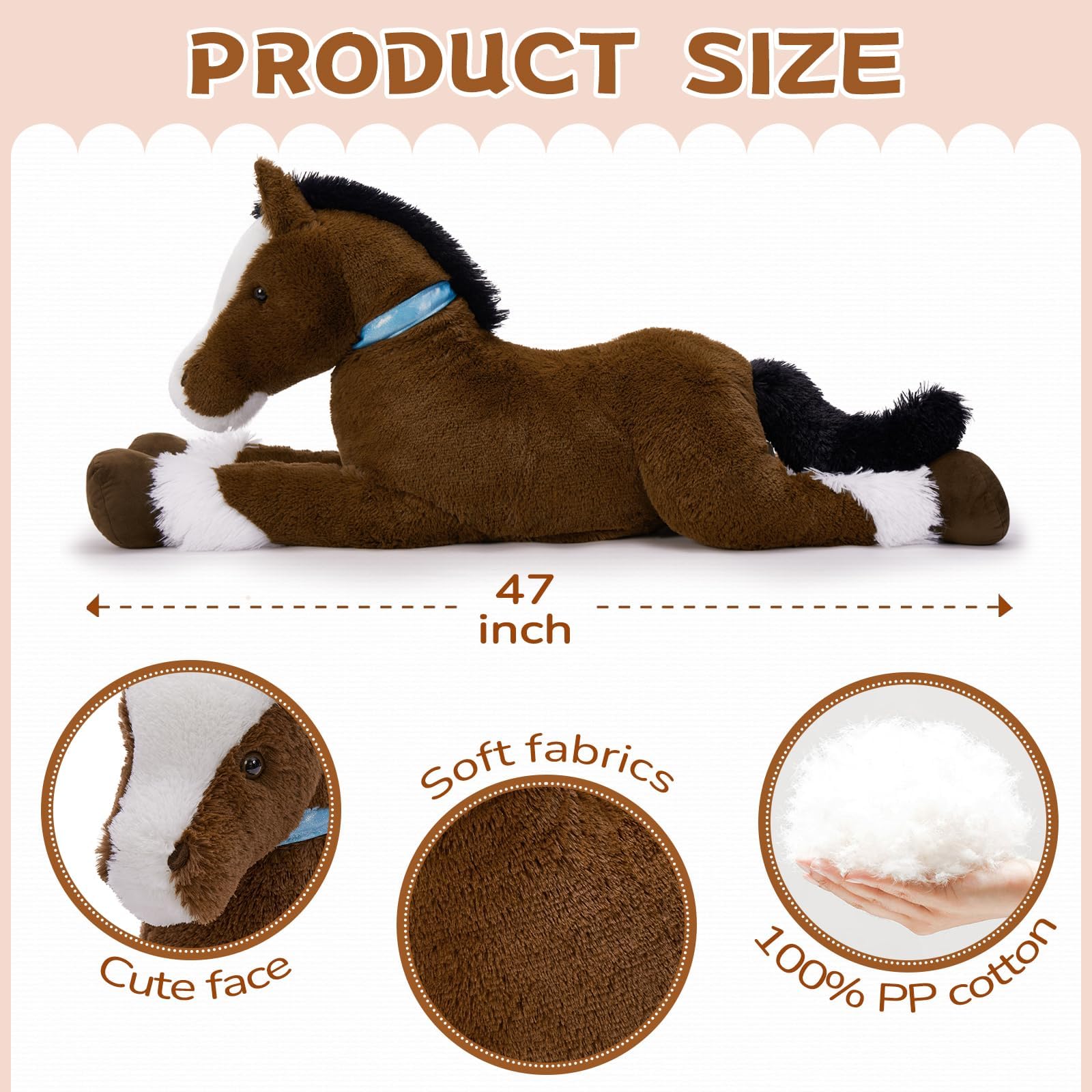MaoGoLan Large Horse Stuffed Animal for Boy, Big Horse Plush Toy for Girl, Ridable Stuffy Pony for Kids, Coffee Stuffed Pony Plush Pillow for Easter Baby Shower Birthday Party Favor Gifts, 47 inches