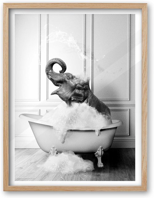 iHery Natural Oak Wood Framed Wall Art - Funny Elephant Bathing Canvas Print | 12x16 Inch Black & White Decor