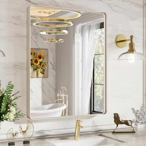 LOAAO Brushed Nickel Bathroom Mirror - 28X36 Inch Rounded Rectangle Design | Anti-Rust & Shatterproof