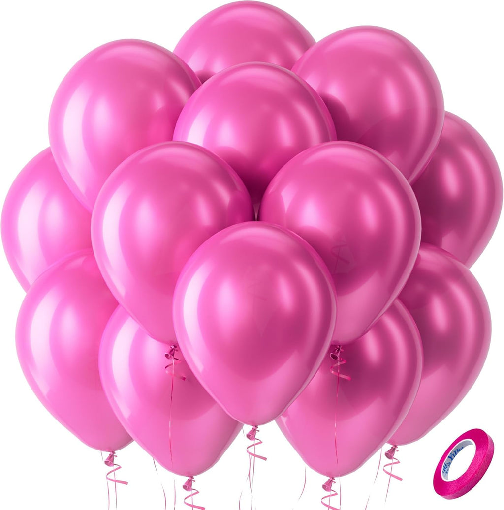 Bezente Pearl Hot Pink Balloons - 100 Pack 12-Inch Round Helium Balloons for Birthday & Gender Reveal Decor