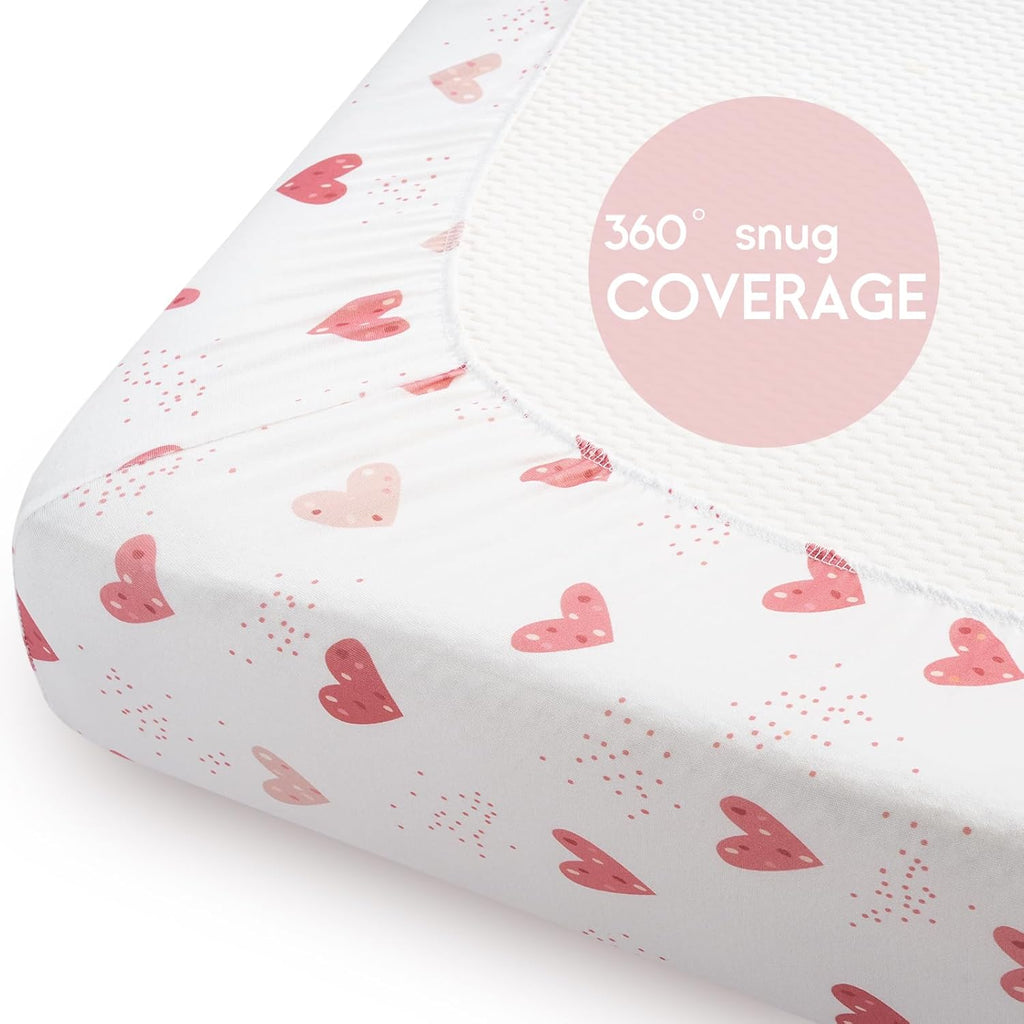 Yoofoss Fitted Pack and Play Sheets - Soft, Breathable Mini Crib Sheets 2-Pack in Pink & Love