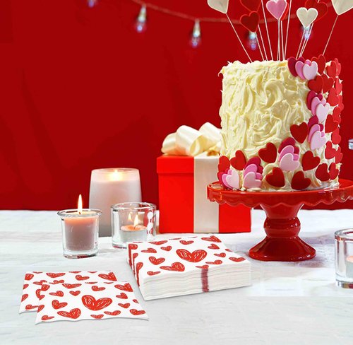 100 Red Heart Cocktail Beverage Napkins Disposable Paper Love Scribble Hearts Dessert Napkin for Valentine's Day Wedding Party Supplies Tableware Decor