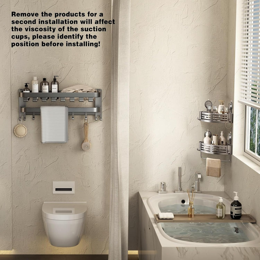 VOLPONE Shower Caddy - Corner Suction Cup Organizer with No Drilling | Adhesive Bathroom Shelf (Gray)