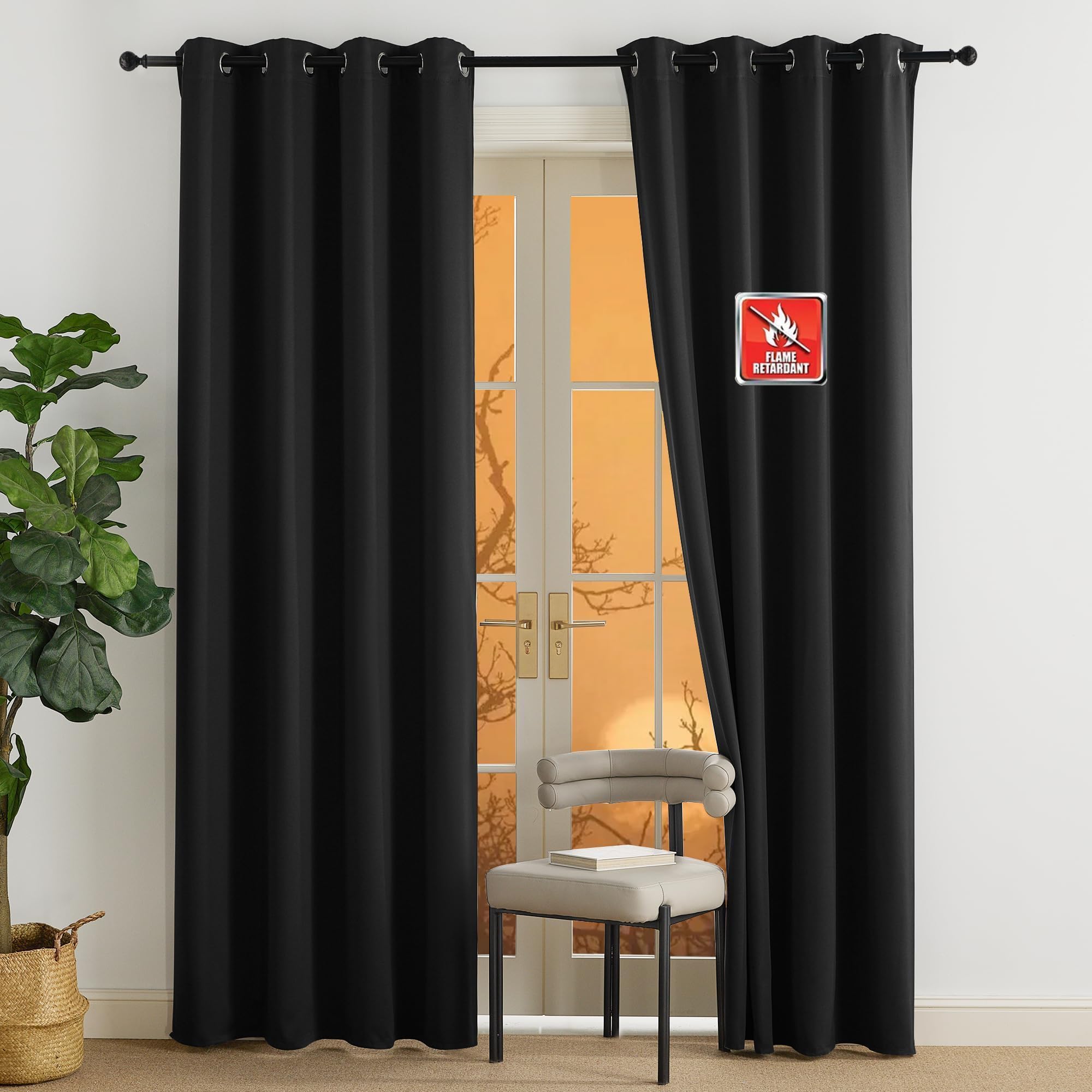 NICETOWN Fire Retardant Black Blackout Curtains 84 inch Length 2 Panels Set, 52 x 84 Safe Drapes for Home, Apartment, Office Conference Room, Light Blocking Privacy Window Treatments for Living Room