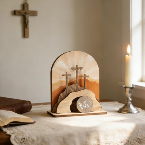 AOMOONOA Wooden Easter Empty Tomb Set, Empty Tomb Easter Scene for Christian Decoration, He is Risen Resurrection Scene for Religious Display, Home Office Tabletop Tray, Church, Shelf Decor