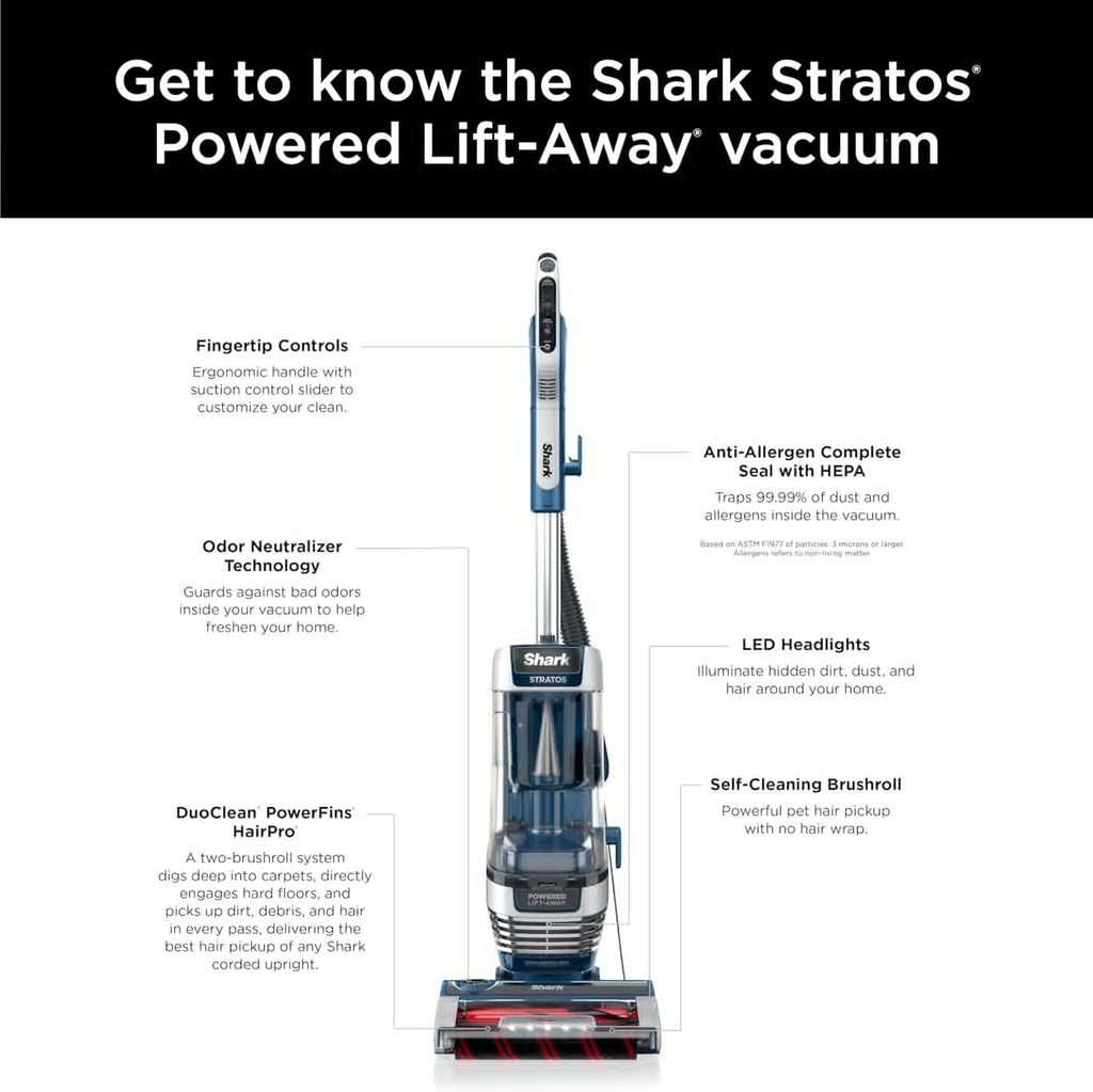 Shark Stratos Upright Vacuum - DuoClean PowerFins & HairPro | Powered Lift-Away, Navy AZ3002