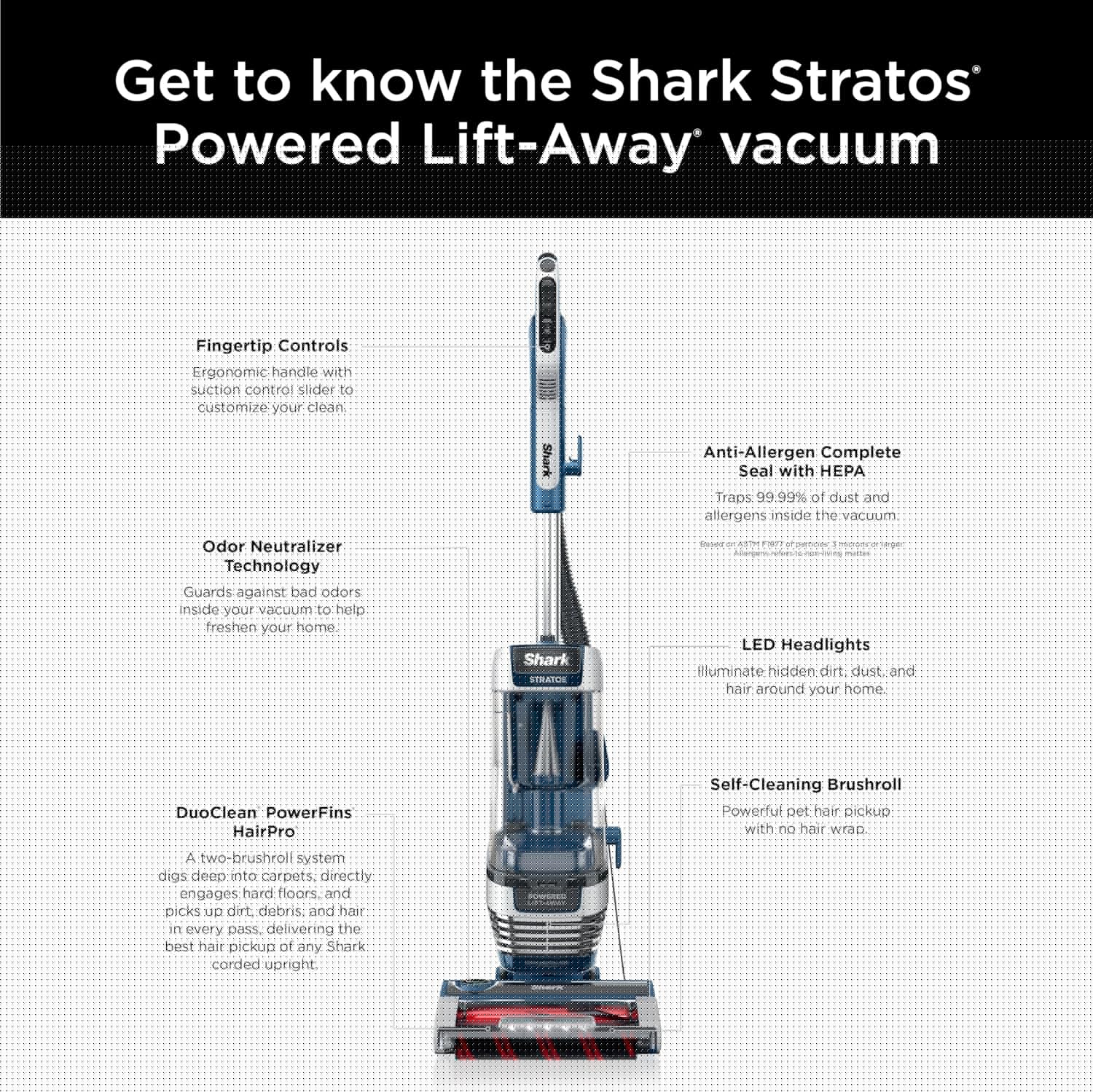 Shark Stratos Upright Vacuum - DuoClean PowerFins & HairPro | Powered Lift-Away, Navy AZ3002