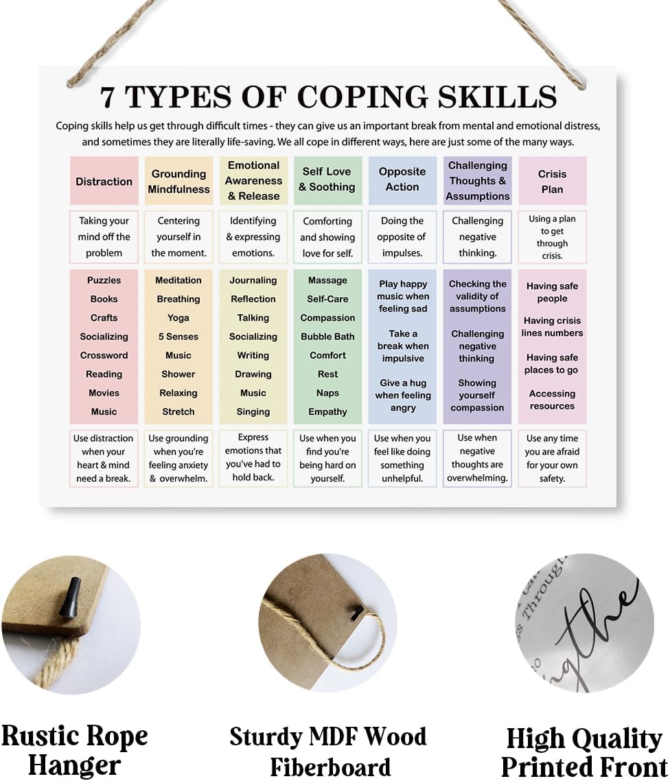 Therapy Decor | 7 Coping Skills Signs - Mental Health Wall Art for Therapist Offices & Home Counseling