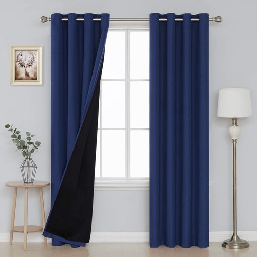 Deconovo Faux Linen Total Blackout Curtains Grommet Noise Reducing Panels with Black Backing for Living Room，2 Panels，Navy Blue，52Wx95L Inch