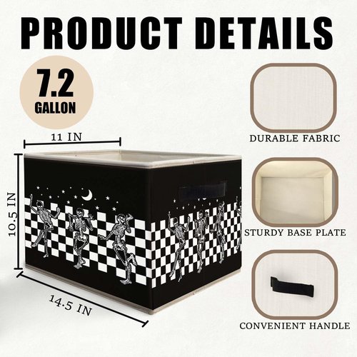 Likjad Halloween Gothic Skeleton Storage Bins Basket, Black and White Checkered Funny Gothic Collapsible Fabric Storage Box Organizer Toybox for Bedroom Bathroom Clothes Books Toys