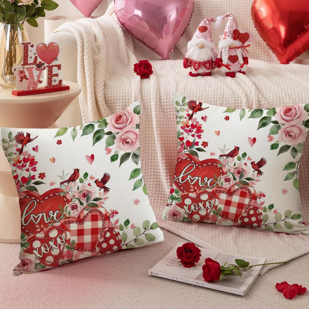 RABUSOFA Valentines Love Heart Pillow Covers 18x18 Inch Set of 2, Pink Rose Red White Outdoor Romantic Holiday Party Cushion Cases Valentine Decoration for The Home Sofa Indoor (Red, 18" x 18")