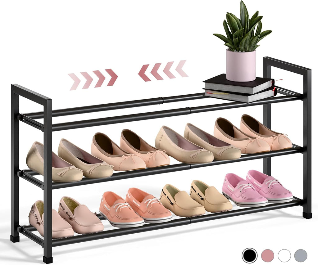 Bumusty 3-Tier Expandable Shoe Rack - Adjustable 18"-33" Organizer for Small Spaces, Sturdy Metal, Black