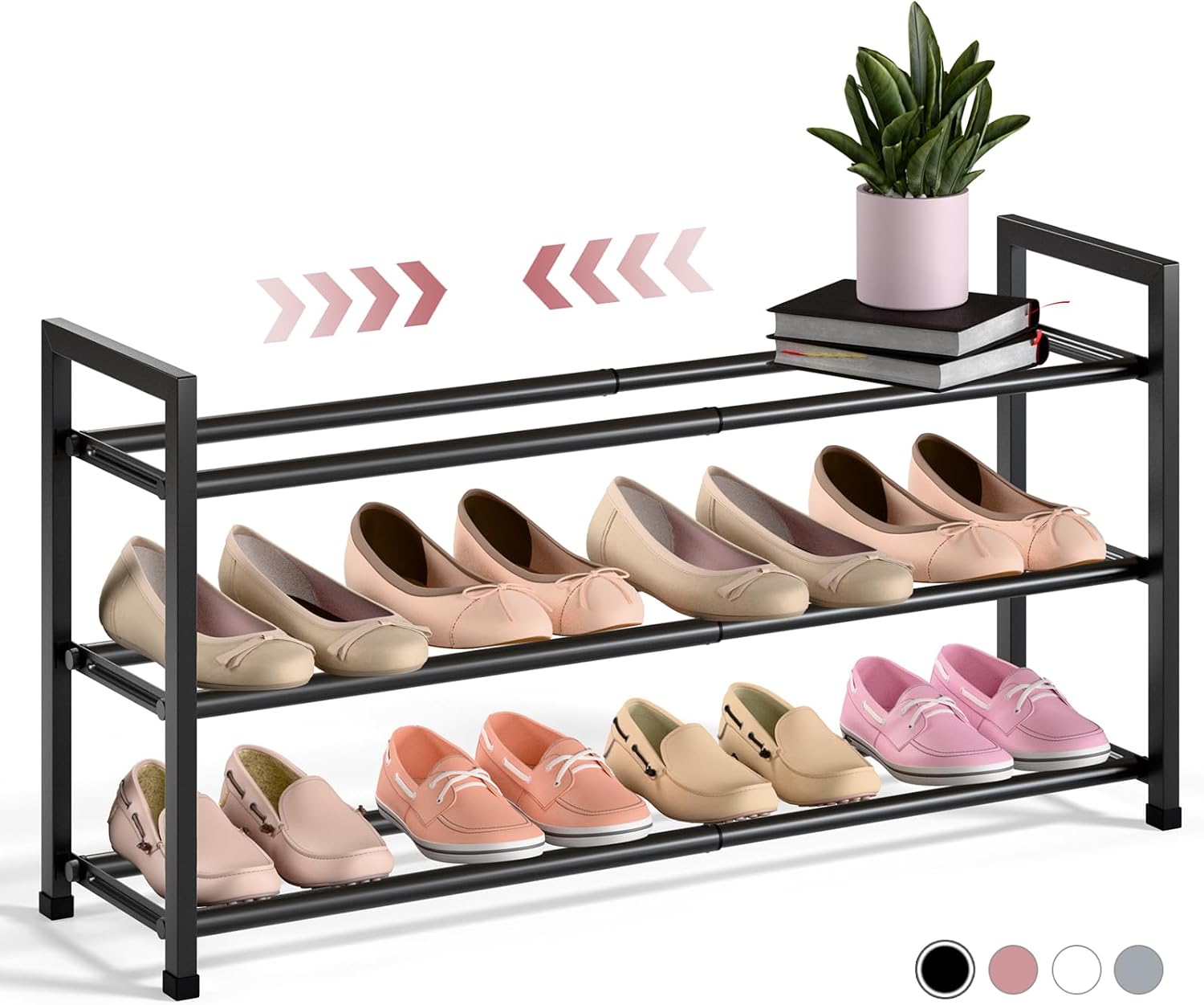 Bumusty 3-Tier Expandable Shoe Rack - Adjustable 18"-33" Organizer for Small Spaces, Sturdy Metal, Black