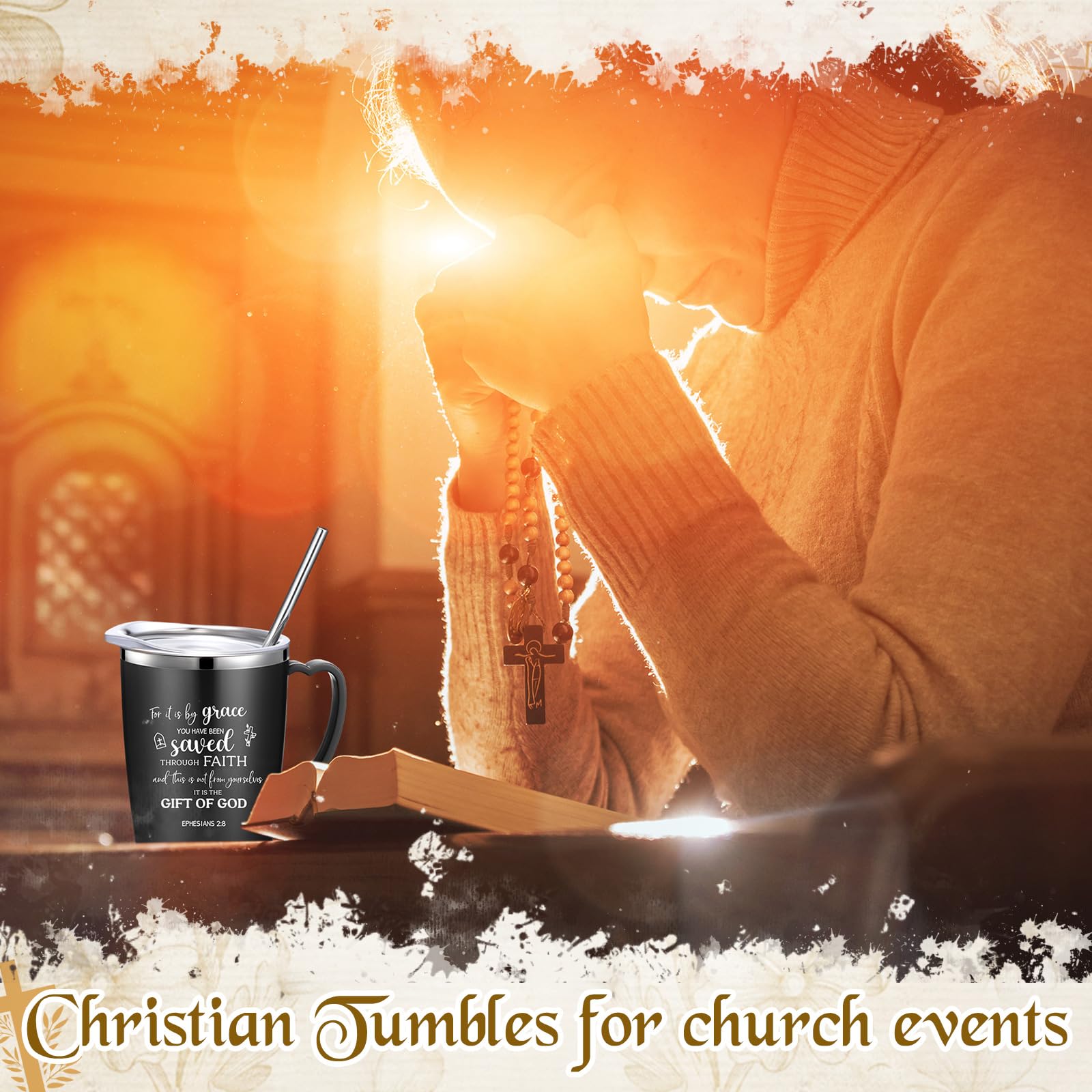 Widecook 12 Pcs Christian Coffee Mugs with Lid and Straw Bible Verse Mother's Day Religious Gifts Tumbler 12 oz Stainless Steel Insulated Inspirational Tumbler for Church Women Men(Black)