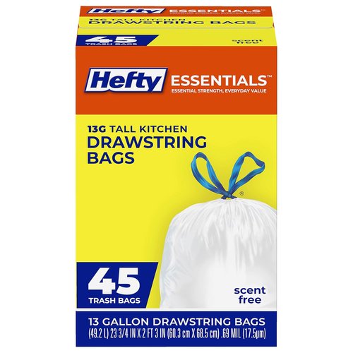 Hefty Essentials 13 Gallon Kitchen Trash Bags - 45 Count Tall Unscented, Easy Tie & Lift, White