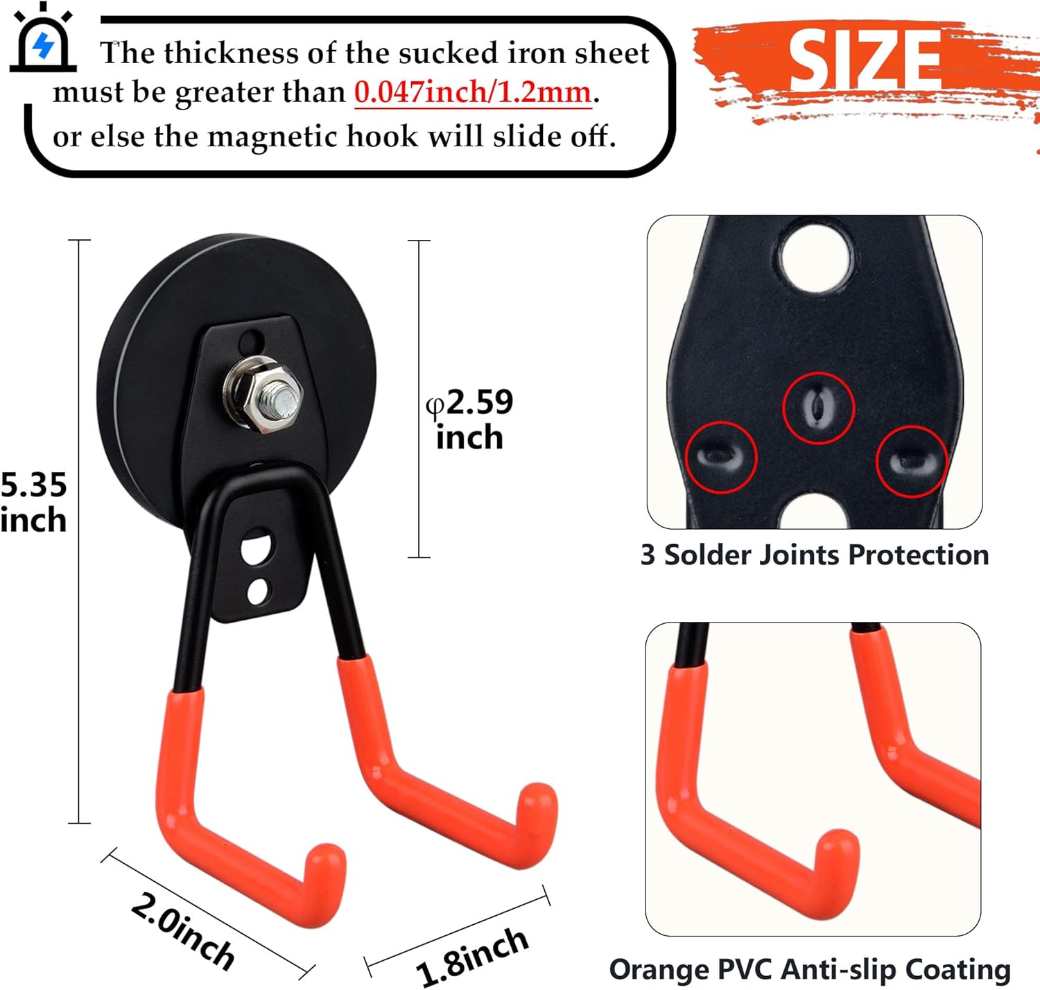 ULIBERMAGNET Heavy Duty Magnetic Hooks - 3 Pack Strong Storage Solution with Anti-Slip Coating | Orange