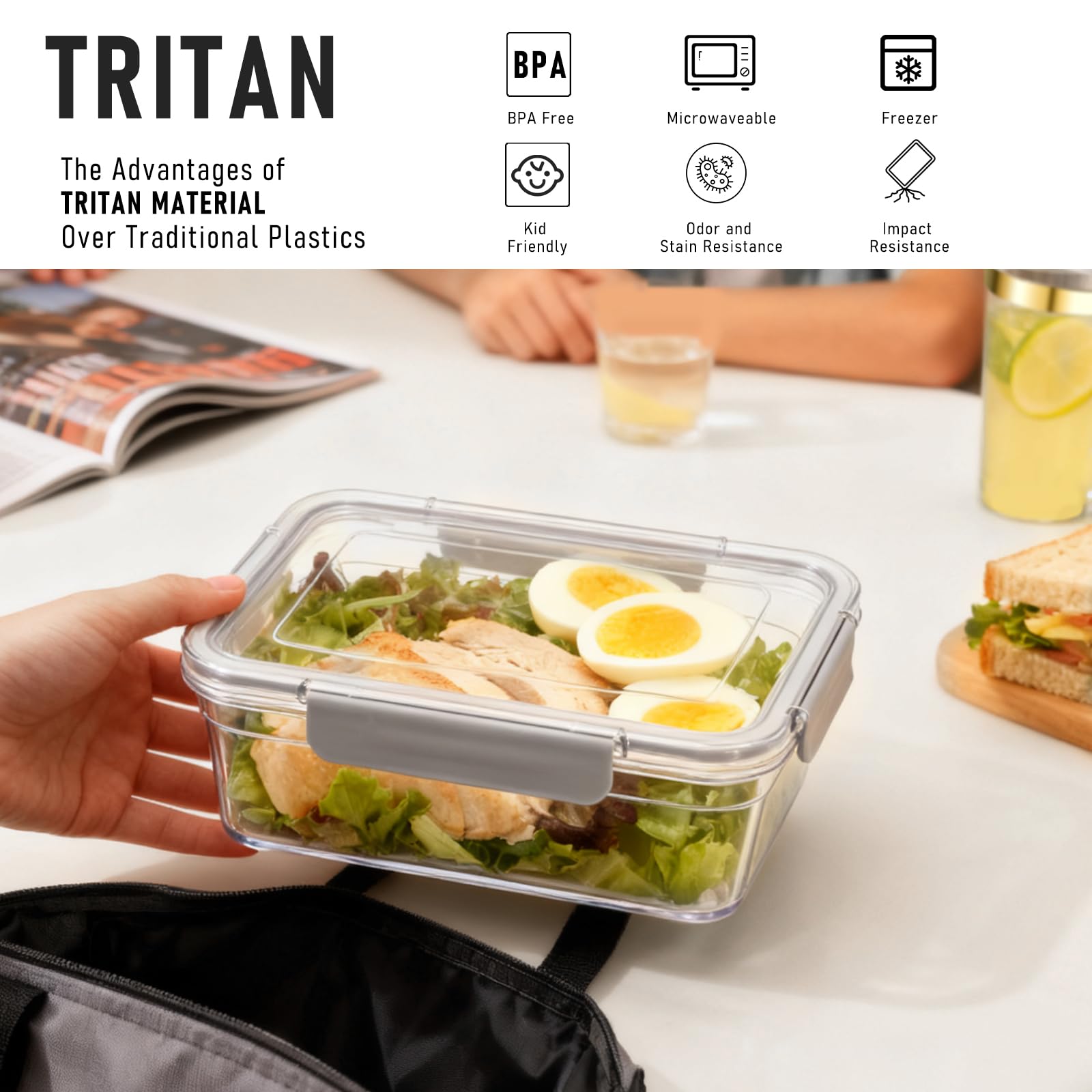 HOME BREEZE 2.8L Tritan Plastic Food Storage Containers, Airtight Tritan Plastic Locking for Fridge Freezer, Meal Prep, Deli Meat, Snacks, 8 Containers with Lids, 16 pieces, Extra Large, Clear