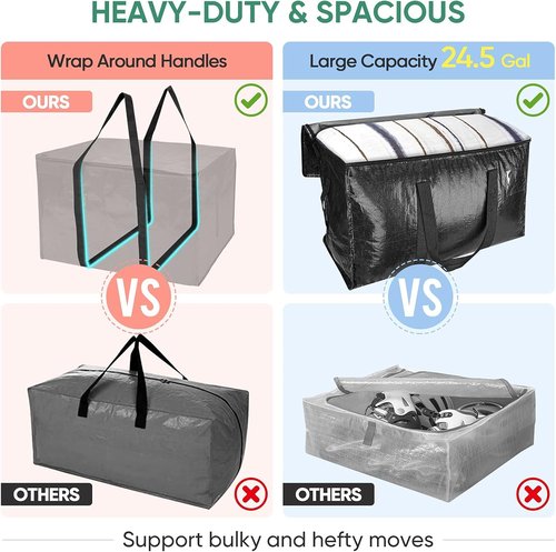 BALEINE Heavy-Duty Oversized Moving Bags - 2-Pack Storage Totes with Reinforced Handles (Black)