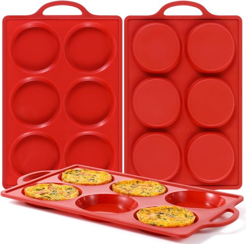 CAKETIME Non-Stick Muffin Top Pan - 4 Inch Silicone Baking Molds for English Muffins & Egg Bites | 3 Pack Red