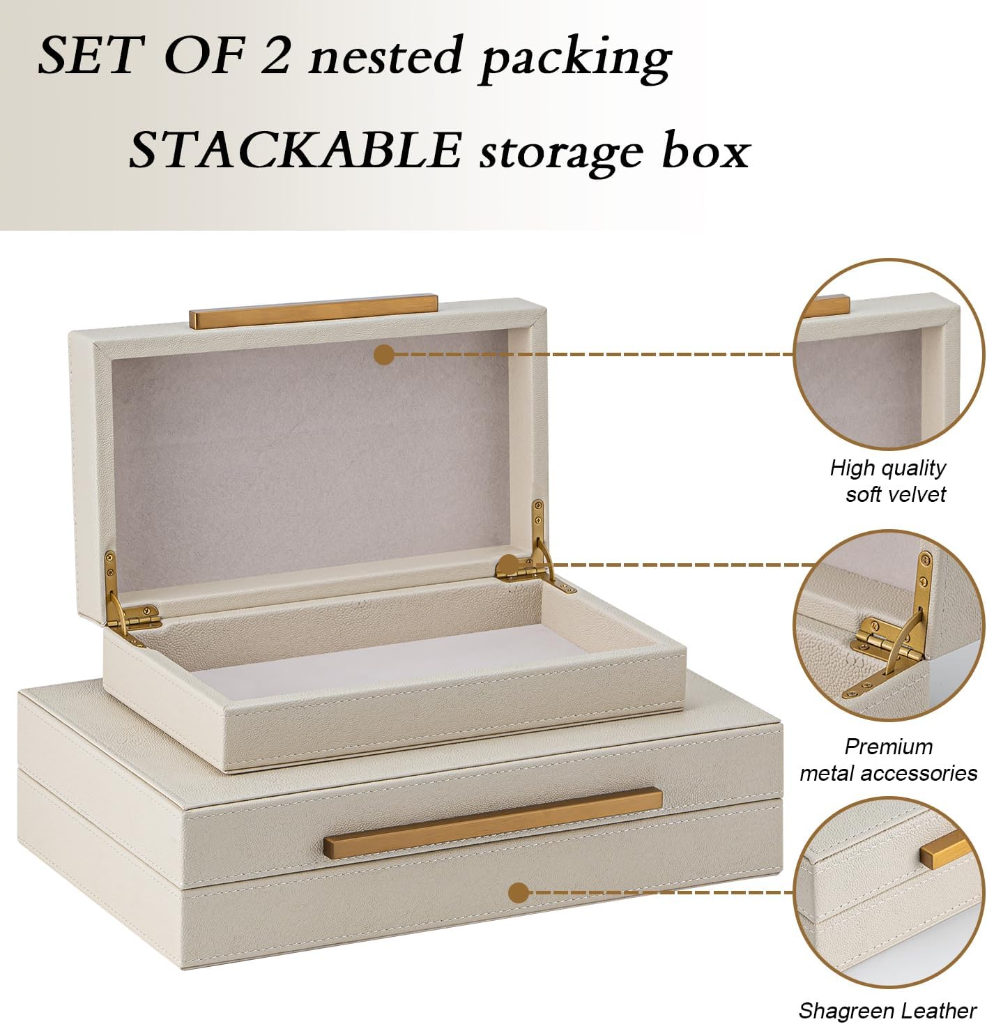 Regine Switzerland Set of 2 Beige Shagreen Decorative Storage Boxes - Faux Leather Jewelry & Memory Organizers