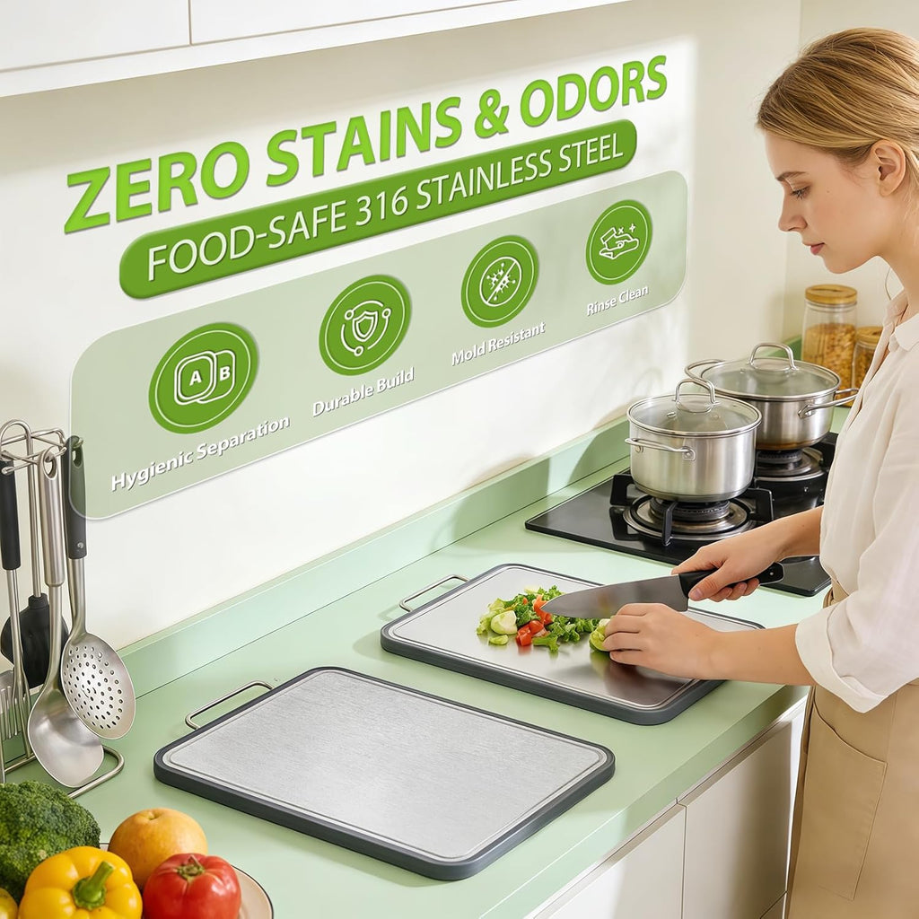 Stainless Steel Cutting Board - 17" x 11" Heavy-Duty Chopping Board with Juice Grooves | Non-Slip & Dishwasher Safe