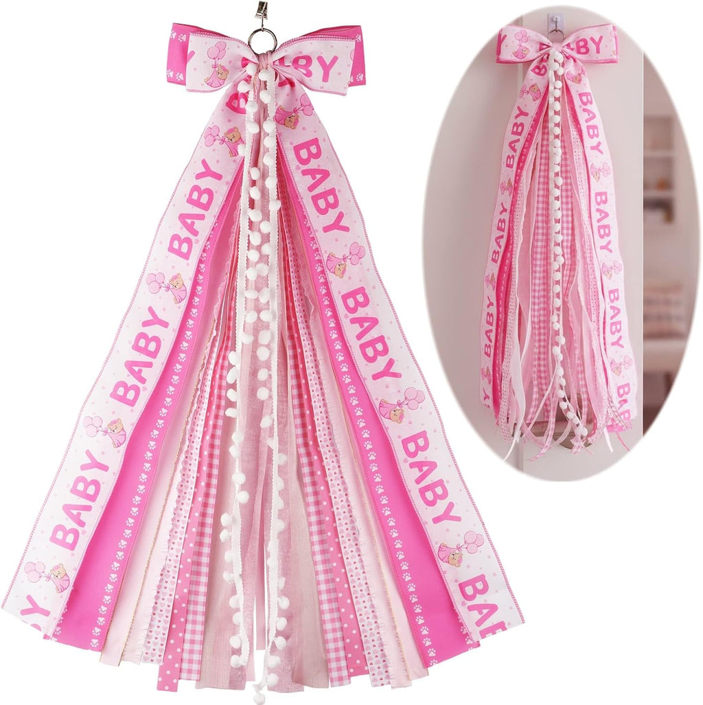 Regine Switzerland Baby Girl Welcome Home Wreath - 27.5" Large Pink Bow Door Hanger for Nursery Decor