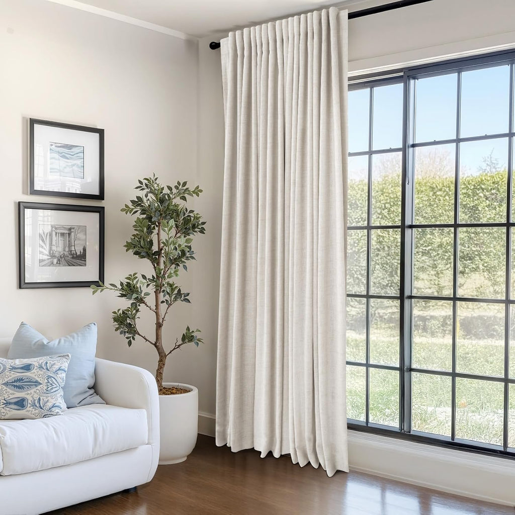 Skiennix 100% Blackout Linen Sliding Door Curtains - Thermal Insulated, 100" W x 84" L, Cream
