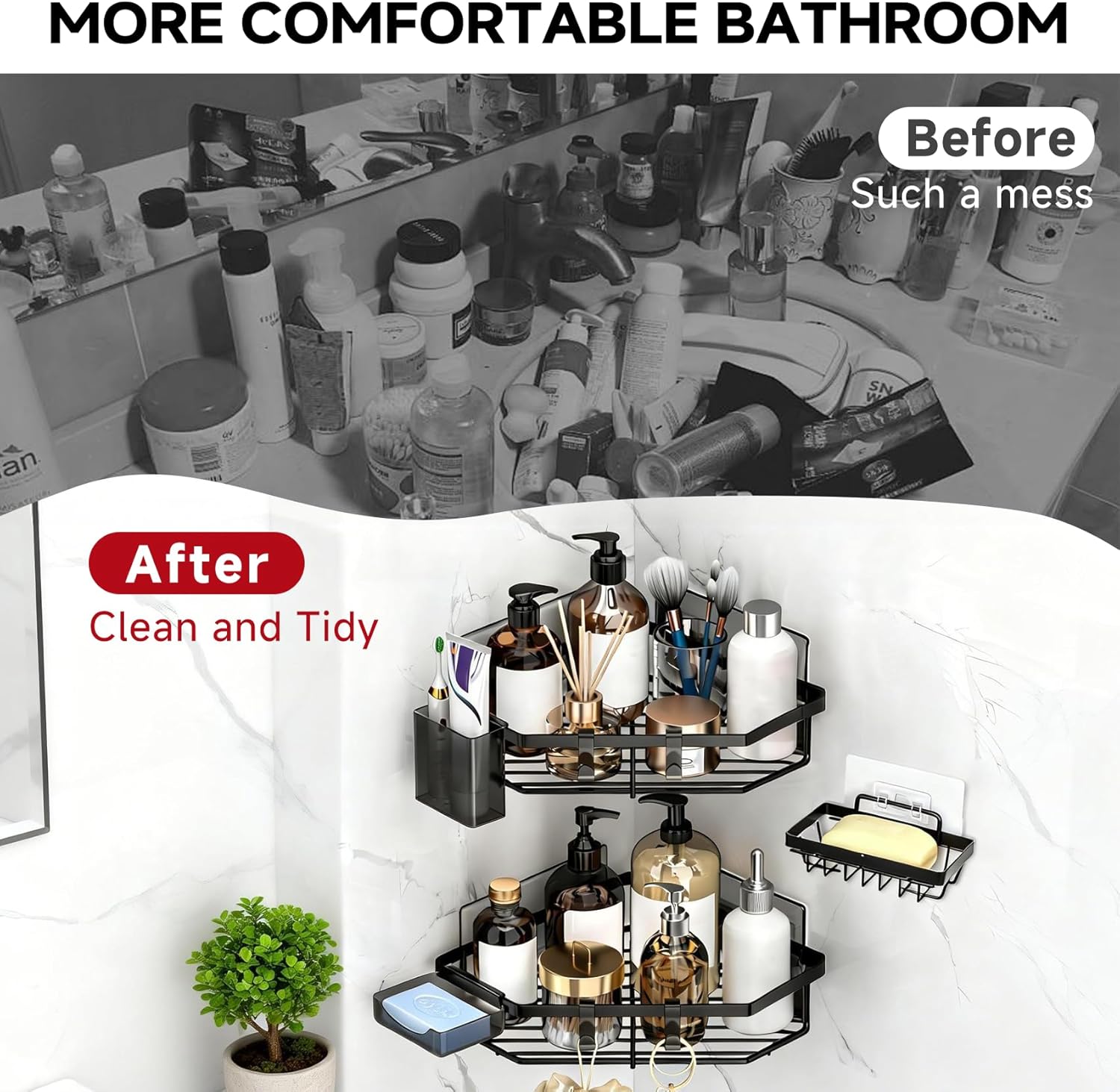 Skiennix Corner Shower Caddy - 5-Pack Adhesive Organizer Shelves | No-Drill Stainless Steel Storage Rack (Black)