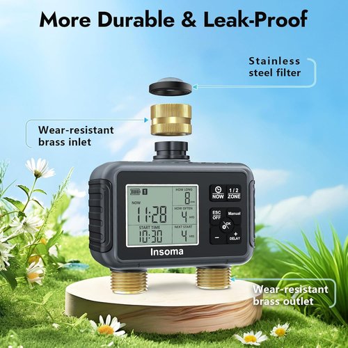 Insoma Water Timer - Brass Inlet & Outlet | 2-Zone Outdoor Hose Timer with Auto/Manual/Rain Delay for Garden