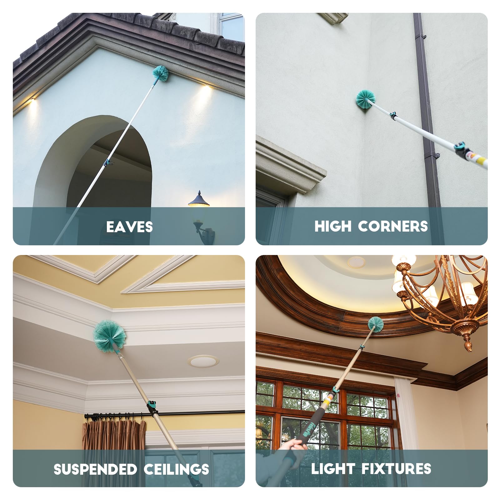 TelesPro 20 Feet High Reach Cobweb Duster with 5-12Ft Extension Pole, Webster Cobweb Duster with 3-Stage Telescopic Aluminum Pole, Spider Web Brush for Outdoor & Indoor Cleaning - Soft Bristles.