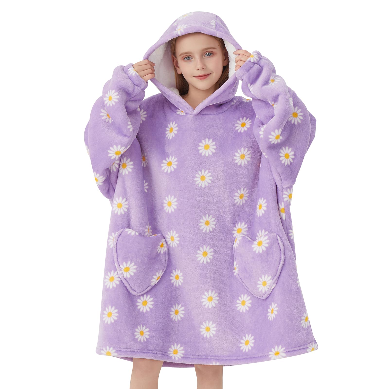 Wearable Blanket Hoodie for Kids Oversized Sherpa Blanket Hoodie for Kids Boys Girls Teens 6-13YR,Daisy