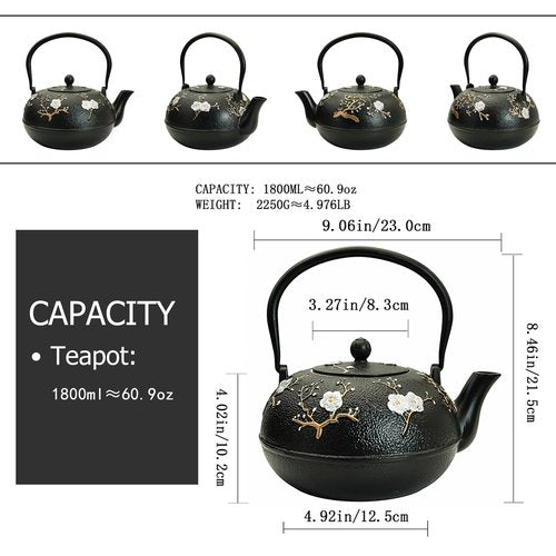 YJX 60.9oz Large Cast Iron Teapot for Stovetop, Japanese Tetsubin, Heavy and Durable Tea Pot, Tea Kettle with Stainless Steel Infuser for Loose Tea, Floral Pattern(1800ML)
