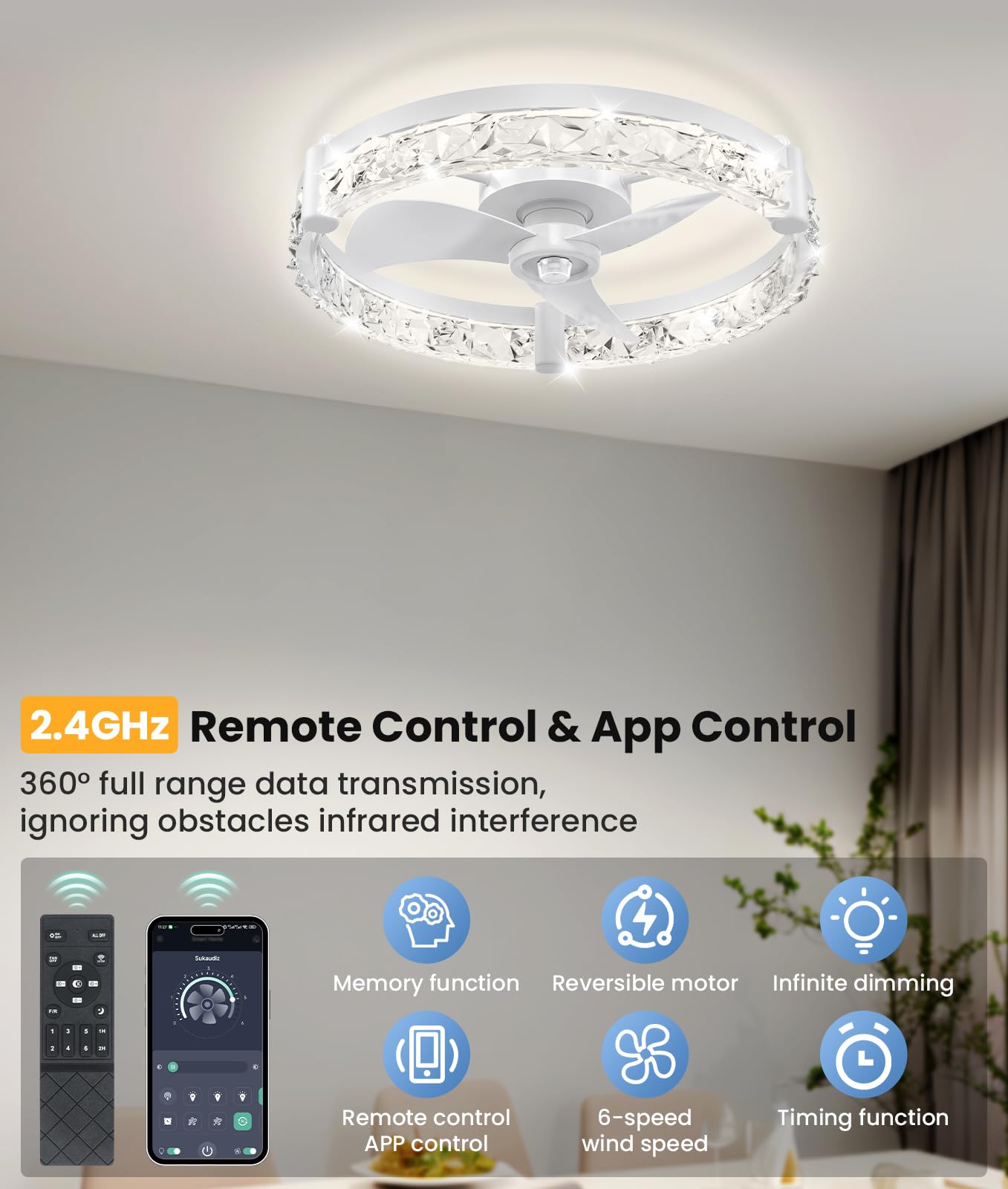 Ceiling Fans with Lights and Remote App 20'' Low Profile Ceiling Fan 3000-6500K 0-100% Dimmable Modern Flush Mount Ceiling Fan Light LED 6 Speeds Fandelier Ceiling Fans for Bedroom small living room