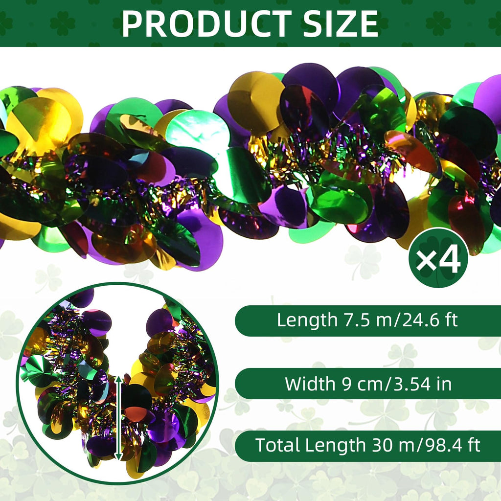 Ohiyoo 100 Feet Mardi Gras Tinsel Garland Gold Green Purple Garland Mardi Gras Christmas Tree Tinsel Metallic Twisted Hanging Streamer for Oktoberfest Birthday Party Decoration
