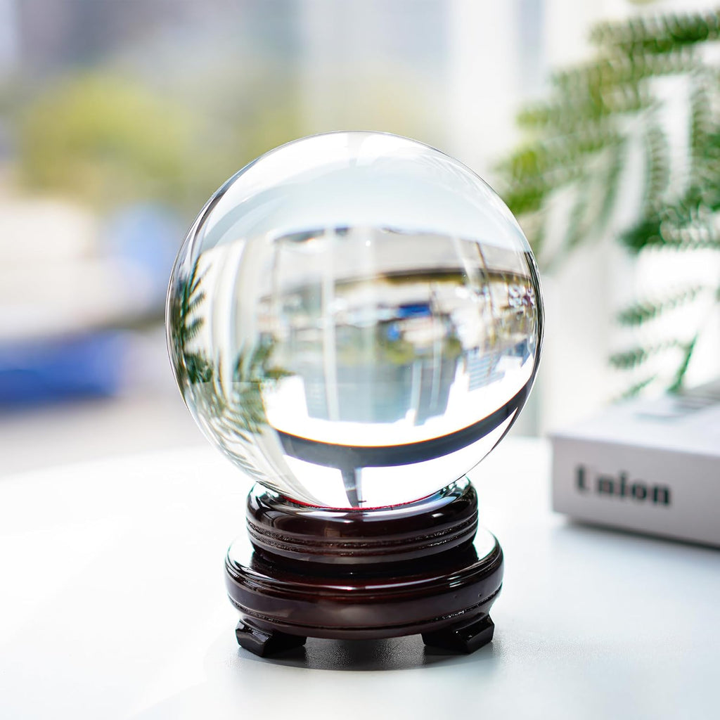 Skiennix 150mm Clear Crystal Ball - Mystical Quartz Sphere with Wooden Stand for Fortune Telling & Photography