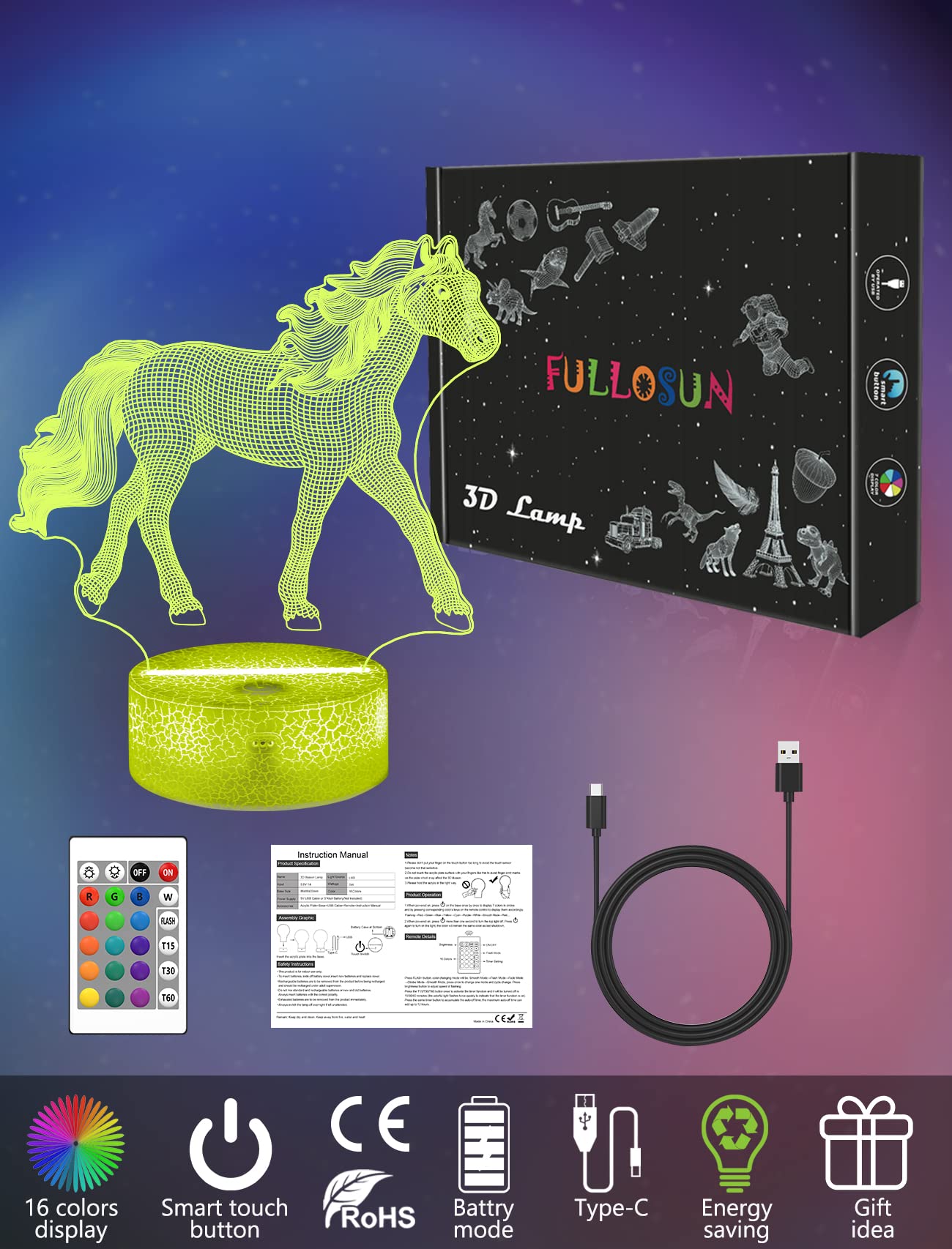 FULLOSUN Horse Gifts for Girl, Horse 3D Night Lights for Kids Illusion Lamp 16 Colors Changing with Remote Birthday Gifts for Child Baby Boy and Girl