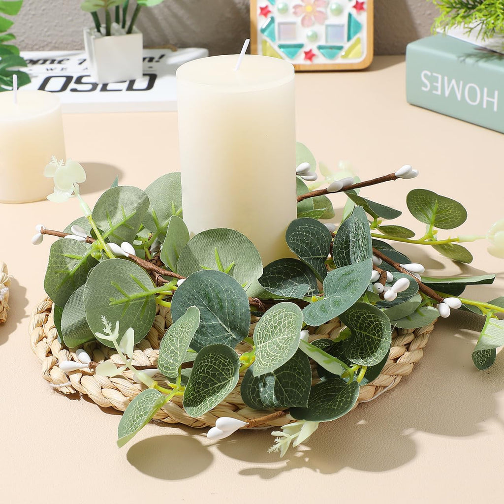 Zerodeko Easter Candle Ring Set - Eucalyptus Leaves Wreath Pillar Holders | Mini Green Decor, 8cm