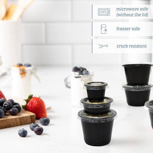 Galashield 2.5 oz Black Jello Shot Cups with Lids, 100 Pack - Small Disposable Plastic Portion Containers, Sauce Cups Condiment & Salad Dressing To Go