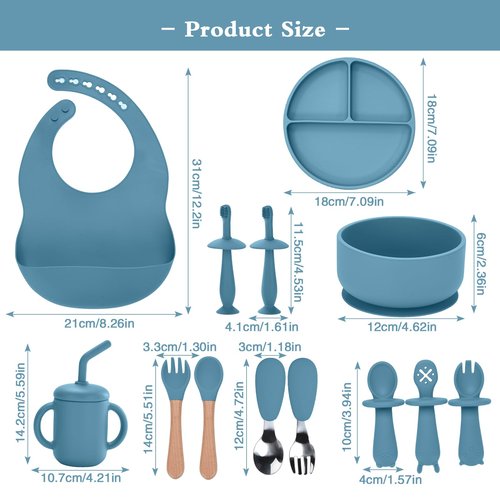 Silicone Feeding Set, 13PCS Baby Feeding Essentials with Suction Bowl & Plate, Spoons & Forks, Bib & Cup, Toothbrush, Baby Led Weaning Supplies for 6+ Months, Eating Essentials (Blue)