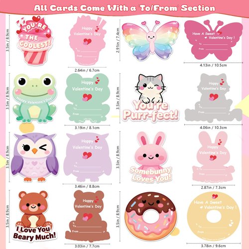 WENHUI 36 Pack Valentines Day Cards for Kids School – Adorable Die-Cut Animal & Food Classroom Valentines with Pink Envelopes & Stickers, 9 Cute Designs for Boys, Girls & Teachers