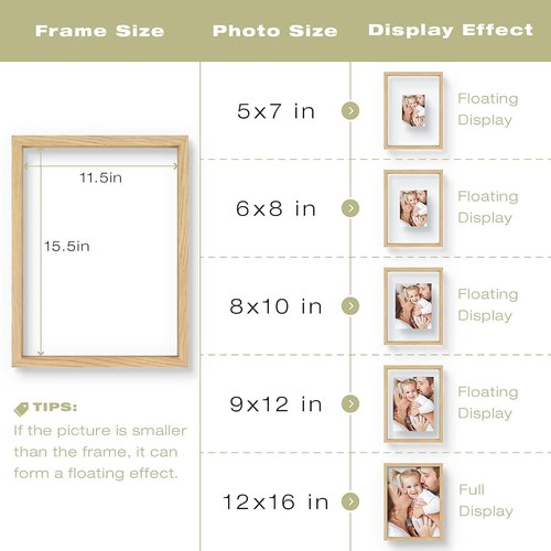 Floating Picture Frame by 12x16 - Solid Wood Design for Pressed Flowers | Real Glass Front - Versatile 8.5x11 or 11x14 Display (Natural Wood, 1 Pack)