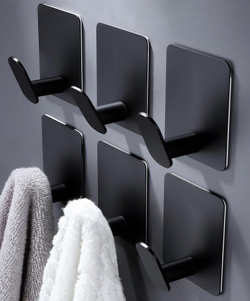 DELITON Stainless Steel Towel Hooks - Heavy Duty Self-Adhesive Wall Hooks for Coats & Hats | 6 Pack