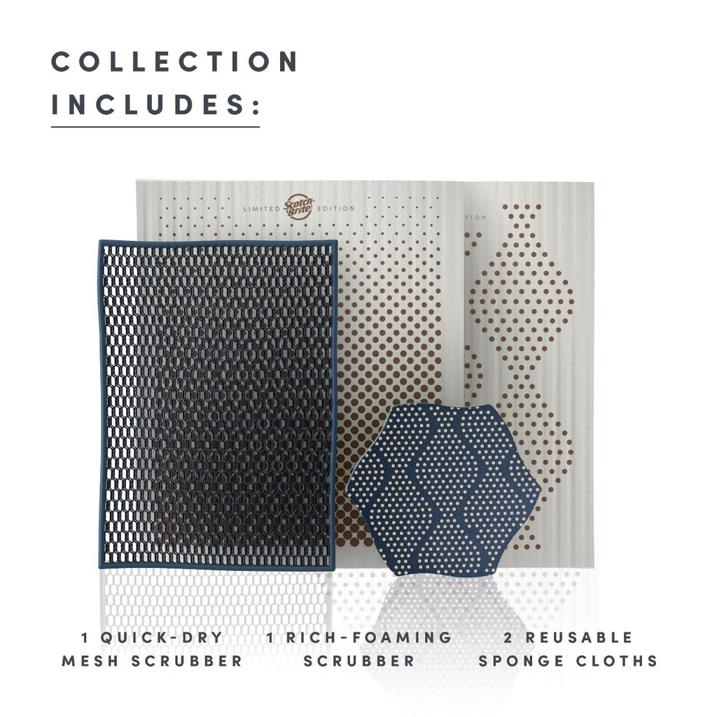 Brite by Scotch-Brite Limited Edition 4-Piece Scrub and Wipe Collection with 1 Rich-Foaming Dish Scrubber, 1 Quick-Dry Mesh Scrubber, and 2 Reusable Sponge Cloths